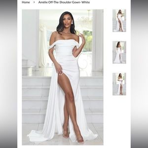 off the shoulder white satin gown